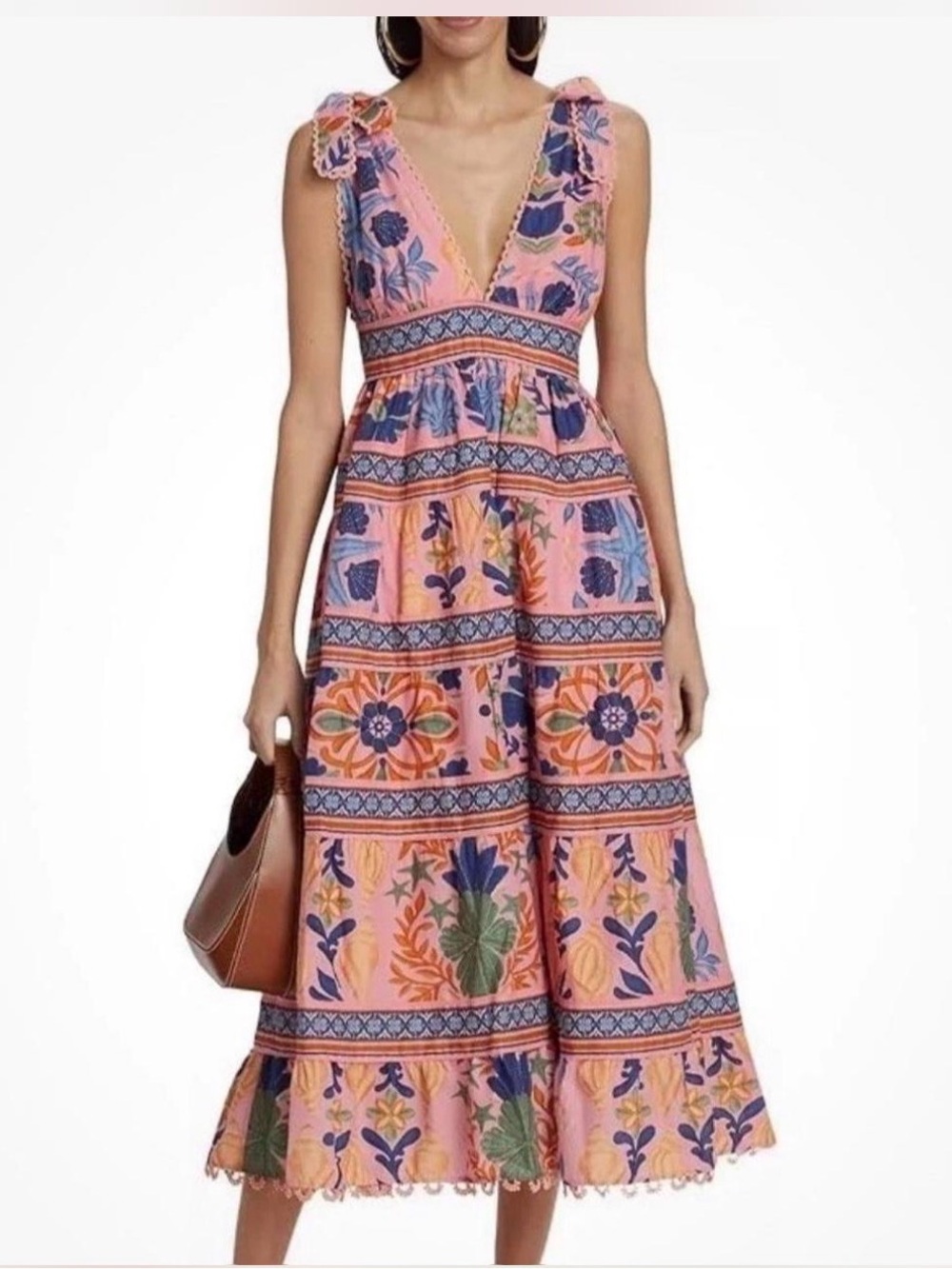 FARM Rio Pink Floral Embroidered V‑Neck Midi Dress